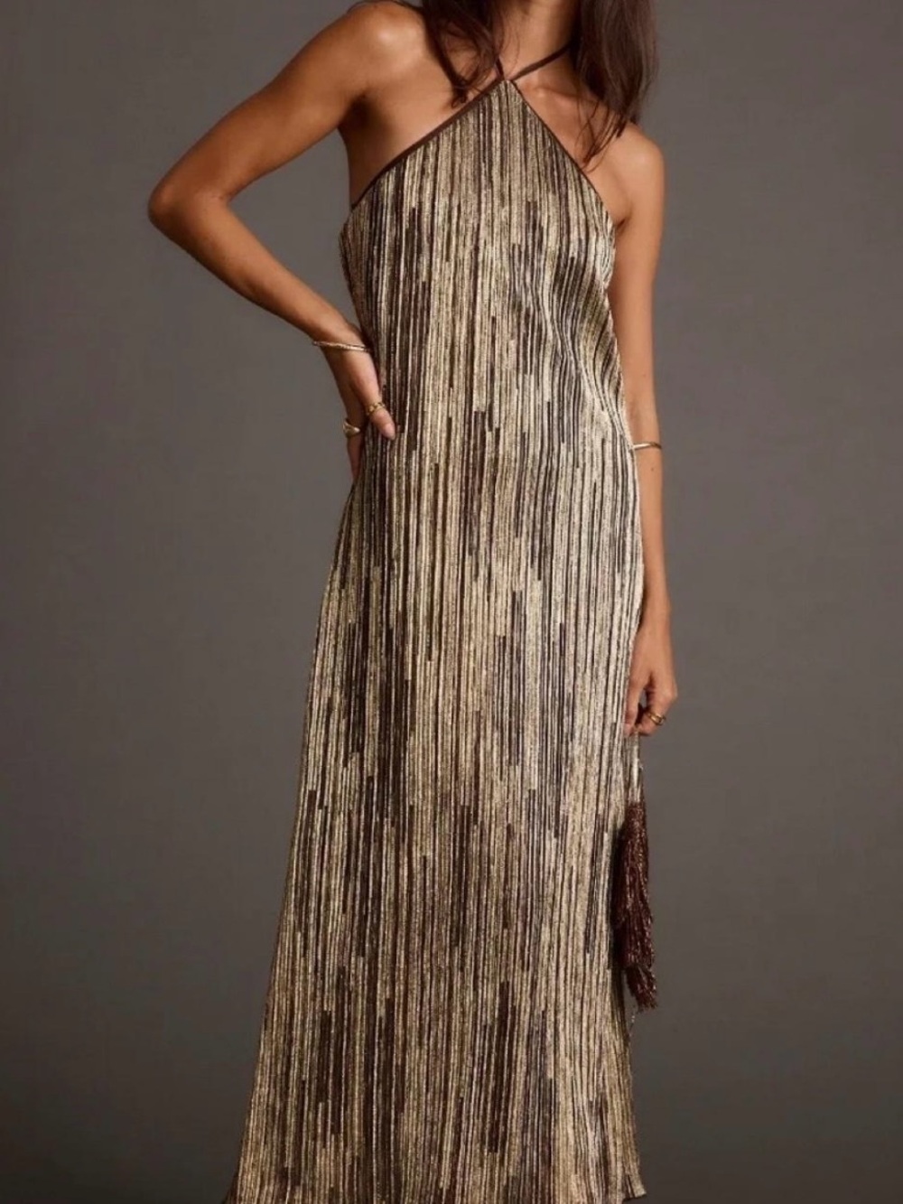 12th Tribe Gold Metallic Halter Midi Dress